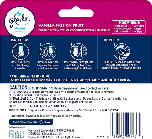 Glade PlugIns Refills Air Freshener, Scented and Essential Oils for Home and Bathroom, Vanilla Passion Fruit, 3.35 Fl Oz, 5 Count