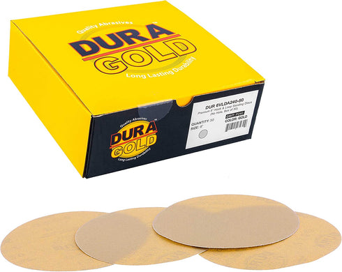 Dura-Gold Premium 6" Gold Sanding Discs - 240 Grit (Box of 50) - Hook & Loop Backing Sandpaper Discs for DA Orbital Sanders, Finishing Medium Fine-Cut Abrasive - Sand Automotive Paint Woodworking Wood