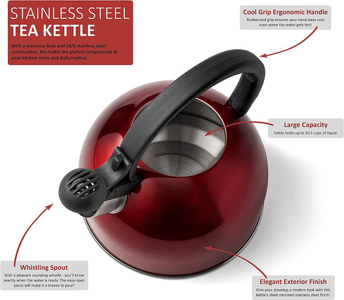 Diamond Home 2.5 Liter Stainless Steel Whistling Tea Kettle - Modern Stainless Steel Whistling Tea Pot for Stovetop with Cool Grip Ergonomic Handle - Red