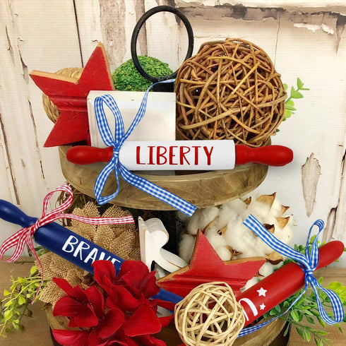 July 4th Patriotic Mini Rolling Pins Independence Day Decoration USA Brave Liberty Farmhouse Decorations Veterans Day Tiered Tray Decor Set of 3