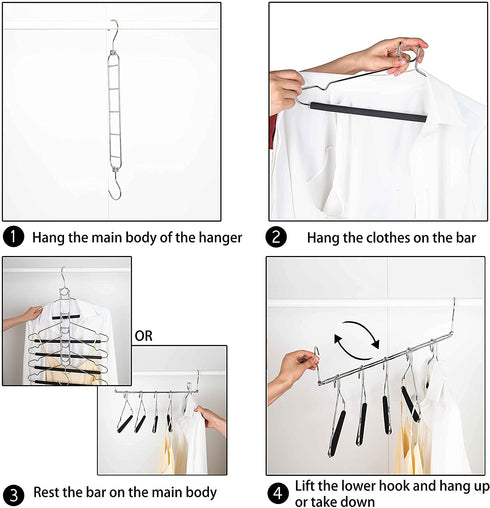 Amber Home 2 Pack Multi Layer 5 in 1 Metal Suits Pants Hangers, Closet Storage Organizer with 2 Swivel Hooks, Detachable Space Saving Anti Slip Clothes Hangers for Shirt Sweater Jeans Slacks Dresses