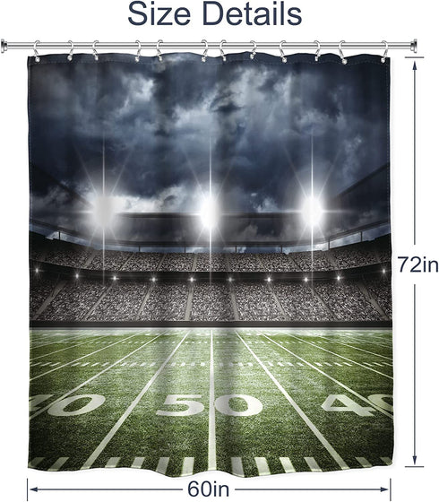 AMBZEK American Football Shower Curtain Boys Sports Bathroom Accessories 60Wx72L Men Masculine Shower Curtain Set Stadium Field Soccer Green Cloth Fabric Bathroom Decor Set with 12 Pack Hooks