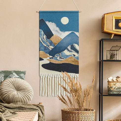Alynsehom Woven Wall Hanging Macrame Moon Tapestry Blue Boho Wall Art Decor Chic Home Bohemian Tapestries Sun Mountain Cloud Aztec Apartment Dorm Room Backdrop Decoration