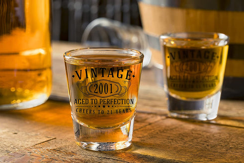2pk Vintage 2001 Printed 2oz Shot Glasses - 21st Birthday Aged to Perfection - 21 years old gifts