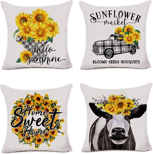 Hexagram Rustic Sunflower Pillow Covers 18 x 18 Set of 4 Decorative Farmhouse Cow Truck Design Soft Linen Throw Pillow Cover Cushion Case for Sofa Bench Living Room Indoor Outdoor Home Decor