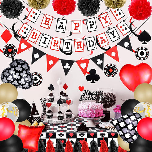 45 Piece Casino Party Decoration Supplies Set, Poker Birthday Banner Triangle Banner Tassel Garland Cake Topper Latex Balloon Hanging Swirl Paper Pom Poms for Halloween Decoracion De Casino
