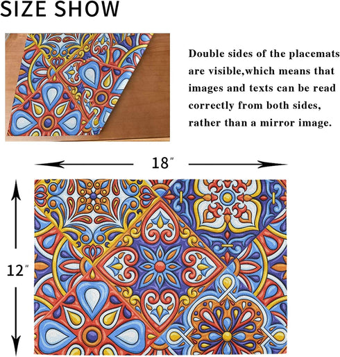 Qilmy 4 Pack Place Mats Non-Slip Dining Table Mat Heat-Resistant Reversible Placemat Double Sided Washable Placemats for Kitchen/Party/Restaurant 12" x 18", Mexican Talavera Folk Tile