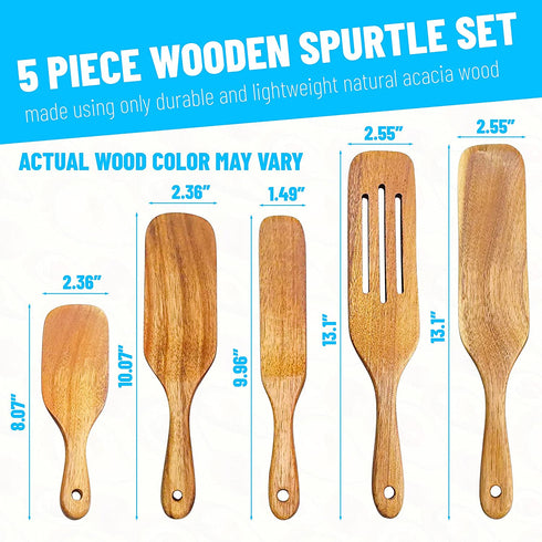 CHINOSA 5 Piece Wooden Spurtle Set - Acacia Wooden Utensils Set For Cooking - Heat Resistant Wooden Spoon Set - Kitchen Spoons for Cooking in Non Stick Cookware Pots and Pans