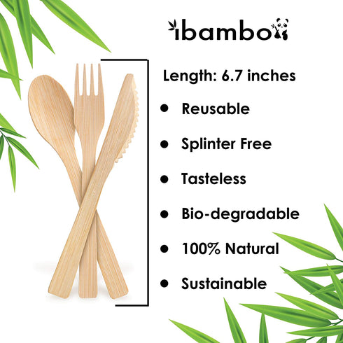 Ibambo Natural Bamboo Utensils 100 Set (50 Forks, 25 Spoons, 25 Knives) Biodegradable Compostable Cutlery, Disposable Bamboo Silverware, Reusable Bamboo Flatware - Gatherings, Camping, Picnic, Parties