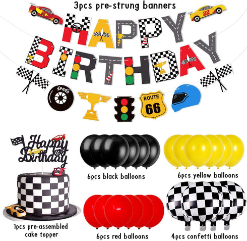 Race Car Birthday Banner and Cake Topper Racing Chequered Flag Hot Wheel Themed Birthday Party Supplies