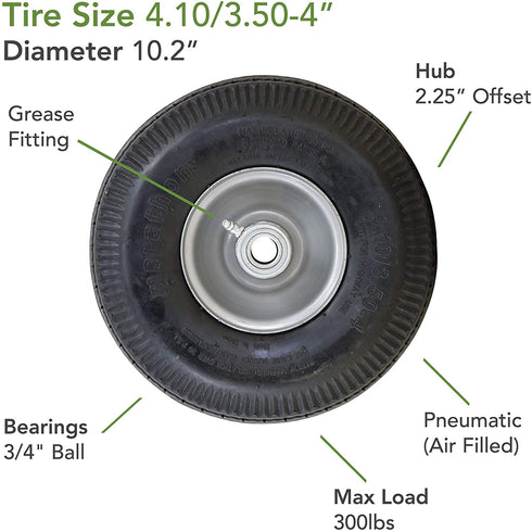 Marathon 4.10/3.50-4" Pneumatic (Air Filled) Hand Truck / All Purpose Utility Tire on Wheel, 2.25" Offset Hub, 3/4" Bearings