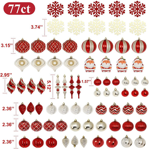 Homde Christmas Balls Ornaments 77ct (5.12inch -1.57inch) Includes Santa Claus Snowflakes for Xmas Tree Shatterproof Christmas Tree Decorations with Hanging Rope (Red & Gold) - Decoway Series