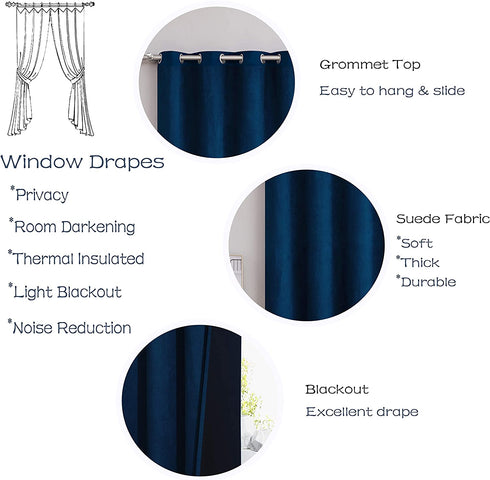 Faux Suede Solid Window Curtain Panels 84 Inches Long with Grommet Top Window Treatment Set Room Darkening Drapes for Bedroom/Living Room, Navy Blue, 55×84 Inch, Pairs to GO