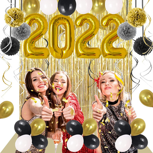 Graduation 2022 Party Supplies Black, Gold Happy Large Balloons Decorations Photo Backdrop and New Years Decor Accessories Kit Golden Fringe Curtain Glitter Banner with Pompoms Ornament Senior College
