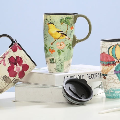 CEDAR HOME Coffee Ceramic Mug Porcelain Latte Tea Cup With Lid in Gift Box 17oz. Yellow Song Bird