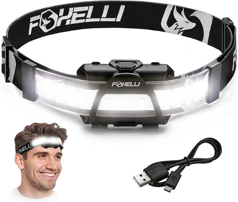 Foxelli Wide Beam Headlamp – USB Rechargeable LED Head Lamp Flashlight, Ultra Bright, 210° Wide Illumination, Low Profile, 14 White LEDs, Waterproof, Lightweight & Comfortable Headlight