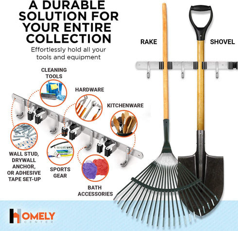Mop and Broom Holder Wall Mount Heavy Duty - Metal Broom and Mop Holder Wall Mount - Broom Organizer Wall Mount for Kitchen Closet Garage Garden Tool - 3 Broom Hanger Positions with 4 Broom Rack Hooks