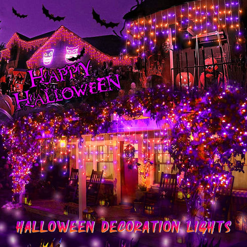 Hezbjiti Halloween Orange & Purple Lights Outdoor Decorations, 800 LED 65.6 FT 8 Modes 150 Drops Fairy String Curtain Lights for Halloween Decor Eaves Window Party Yard Garden Indoor