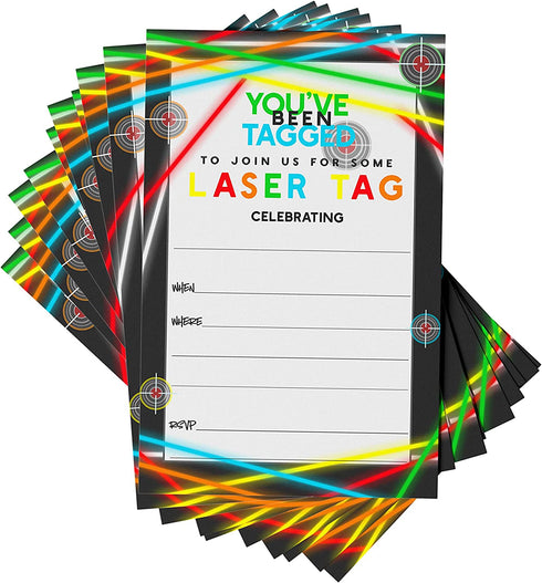 Laser Tag Invitations with Envelopes (25 Pack) Invites for Boys Birthday, Retirement, Guys Night Out, Team Building Event - Neon Theme Party Supplies Blank Invitation Card Set Printed