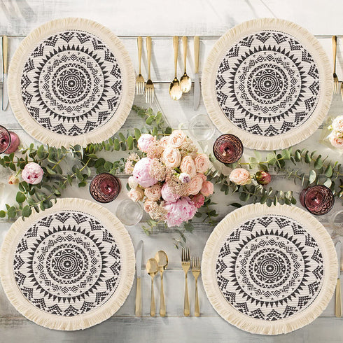 OJIA Round Placemats Set of 4,Boho Tassels Table Mats 13 Inch Black and Cream Cotton Woven Heat Proof Washable Circle Kitchen Placemats for Table Dinner Wedding Home Decoration