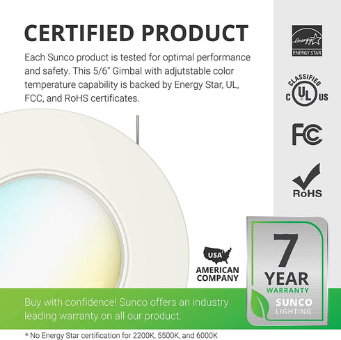 Sunco Lighting 1 Pack 5/6 Inch LED Recessed Downlight, Gimbal, Selectable Light, 5 Colors (2700K/3000K/3500K/4000K/5000K), 12W=60W, Dimmable, Adjustable, Damp Rated, Simple Installation UL