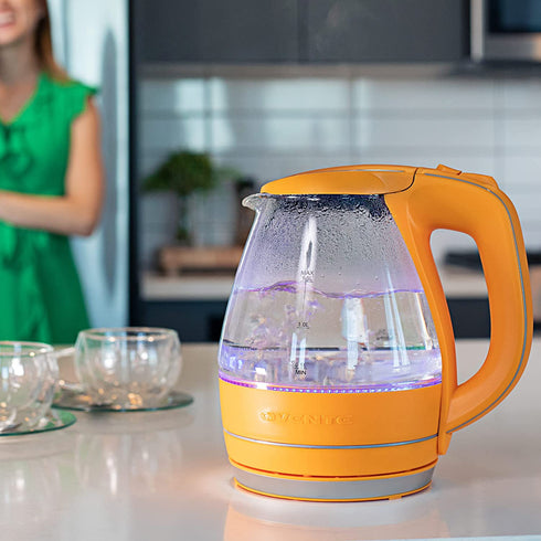 Ovente Electric Kettle Hot Water Boiler 1.5 Liter BPA Free Borosilicate Glass Fast Boiling Countertop Heater with Automatic Shut Off & Boil Dry Protection for Tea Coffee Milk Noodle, Orange KG83O