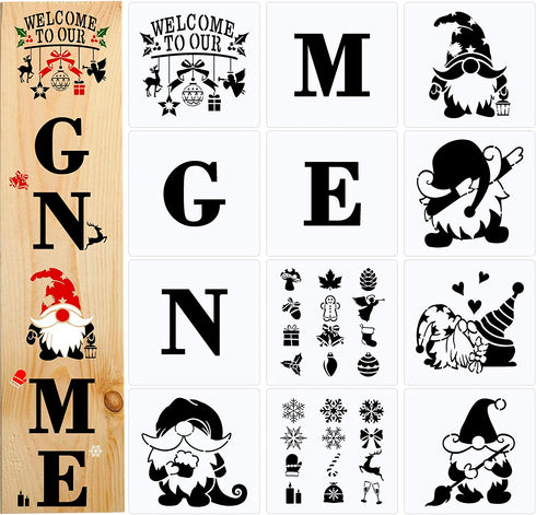 12 Pieces Gnome Stencil Letter Stencils for Painting on Wood Porch Welcome Sign Stencils Home Sign Stencil Template for Front Door Rustic Home Porch DIY Decor (8 x 8 Inches)