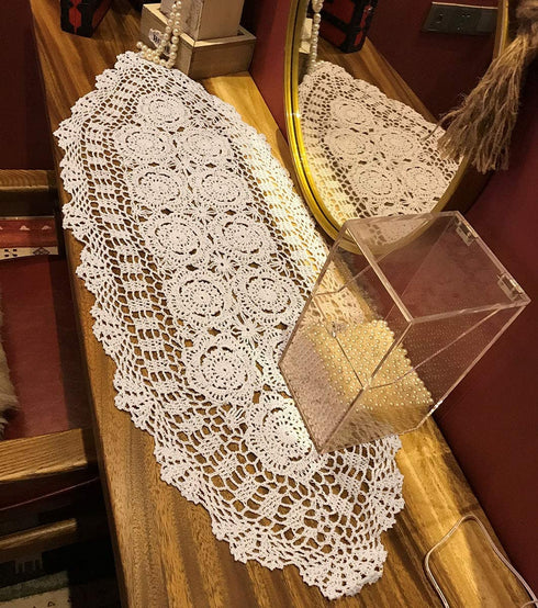 Janef White Handmade Crochet Cotton Table Runner Lace Doilies Doily Oval Dresser Scarves,16 by 35 Inches.