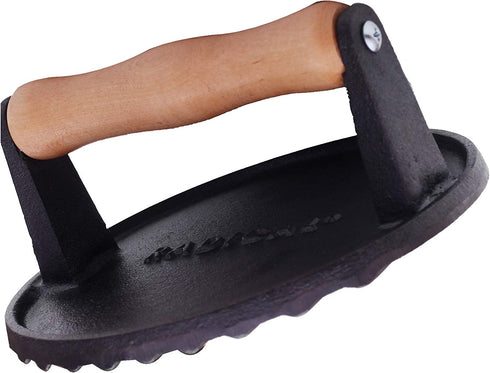 Radicaln Burger Press Round 7 Inches Diameter Heavy Cast Iron Bacon Press with Wooden Handle for Kitchen & Commercial Grade - Pre Seasoned Sandwich & Grill Press - Quesadillas, Hamburgers & Steaks