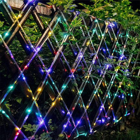 JMEXSUSS 2 Pack 100 LED Solar Rope Lights,33ft 8 Modes Solar Rope Lights Outdoor Waterproof LED Solar Powered Rope Tube for Trampoline Fence,Gazebo,Yard,Walkway,Path(Multi Color)