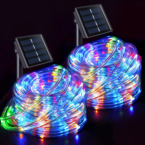 JMEXSUSS 2 Pack 100 LED Solar Rope Lights,33ft 8 Modes Solar Rope Lights Outdoor Waterproof LED Solar Powered Rope Tube for Trampoline Fence,Gazebo,Yard,Walkway,Path(Multi Color)