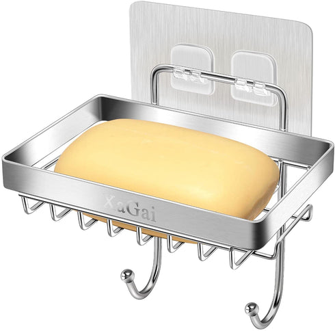 Soap Dish Holder, XaGai Stainless Steel Rustpoof Bar Soap Holder with 2 Hooks for Bathroom Shower Kitchen,Adhesive No Drilling Wall Mounted Soap Bar Holder for Shower Wall - Chrome