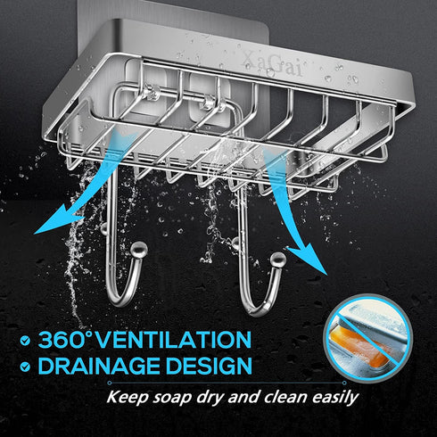 Soap Dish Holder, XaGai Stainless Steel Rustpoof Bar Soap Holder with 2 Hooks for Bathroom Shower Kitchen,Adhesive No Drilling Wall Mounted Soap Bar Holder for Shower Wall - Chrome