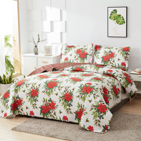 Flower Quilt Set Full/Queen Size ,3 Pcs Poinsettia Floral Quilts Lightweight Reversible Red Christmas Flower Bedspread Coverlet New Year Holiday Bedding with Pillow Shams