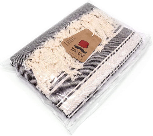 Bazaar Anatolia Stripe Turkish Beach Towel 100% Cotton Oversized 75x38 Large Boho Bath Towels Bathroom Sheets Gym Pool Quick Dry Sand Free (Black)