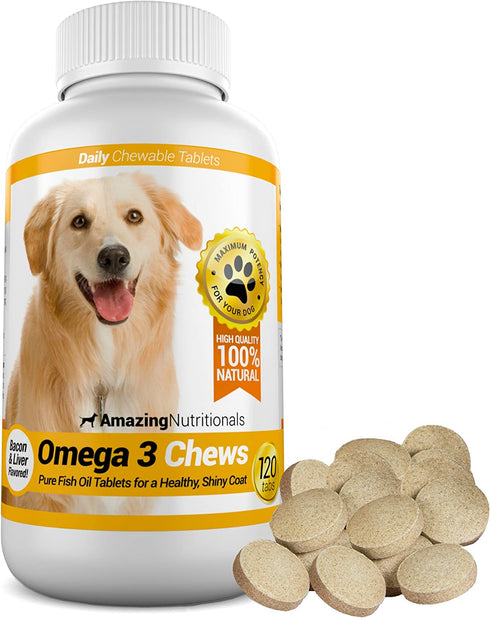 Amazing Omega 3 for Dogs - Dog Fish Oil Supplements for Shiny Coat, Joint, and Brain Health - 120 Bacon Flavor Chews