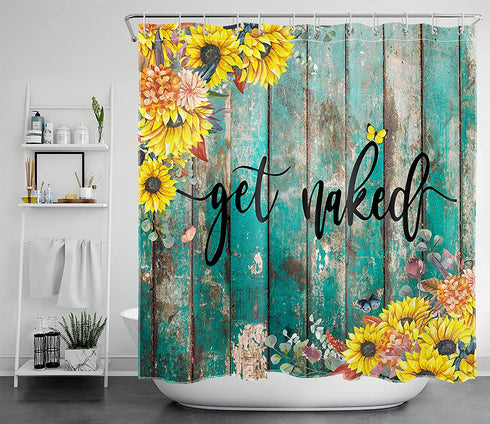 LB Rustic Sunflower Shower Curtain, Modern Farmhouse Yellow Floral Funny Quotes Get Naked Shower Curtains, Country Style Vintage Flower Wooden Boards Bathroom Curtains Set with Hooks, 72X72 Inches