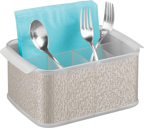 iDesign Twillo Plastic Silverware Caddy Organizer Flatware Caddy for Kitchen Countertop Storage, Dining Table, Outdoor Patio, Picnic Tables, Metallico and Clear 10" x 6.5" x 4.5"