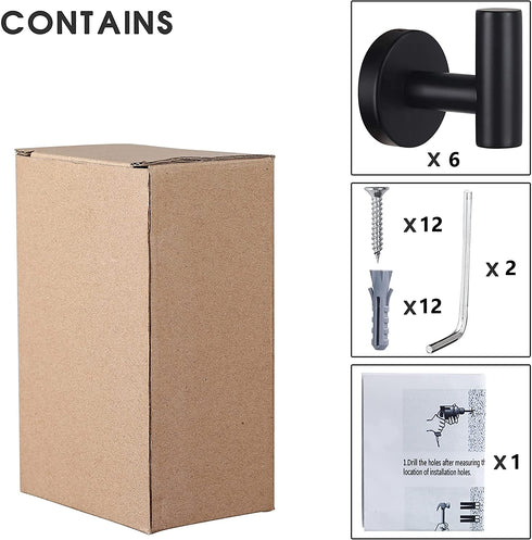 Towel Hooks Bathroom Hook Wall Towel Hooks 6 Pack Matte Black Coat Hooks, Heavy Duty Robe Hook Holder for Bathroom Kitchen Garage Home Hotel Office Cabinet(Black)