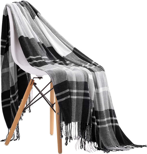 JUDYBRIDAL Plaid Chenille Throw Blanket Extra Soft Blanket All-Season Dual-Sided Home Decor Blankets with 3 Inches Tassels for Bed Sofa Couch Chair 50" W x 67" L (Black/White)