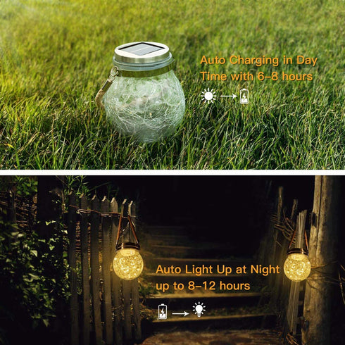 2 Packs Hanging Outdoor Solar Lanterns Decorative Lights 30 LED Waterproof Cracked Glass Jar Garden Lights for Court Yard Patio Pathway