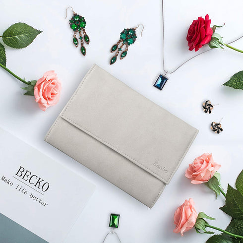 Becko Jewelry Organizer Roll Travel Jewel Bag case for Multiple Necklaces, Rings, Bracelets, Supple Leather & Suede, Large Capacity Without Crease, Lightweight, Portable & Practical (Gray)