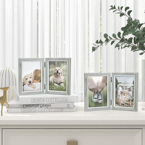 Afuly Rustic Double Picture Frame 4x6 Dual Grey Photo Frames Wooden Hinged Folding Vertical 2 Openings Unique Wedding Gifts