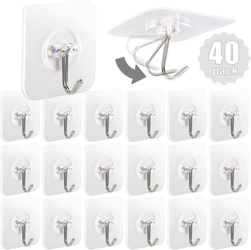 AROIC Heavy Duty Adhesive Hook, 20 lbs / 9 kg (Max), Removable, Waterproof, Reusable Stainless Steel Hook for Bedroom, Kitchen, Bathroom-40 Pieces