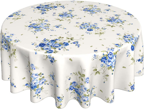Spring Summer Blue Floral Tablecloth Round 60 Inches Elegant Watercolor Flower Tablecloth Polyester Washable Table Cover Table Cloth for Kitchen Dining Room Outdoor Picnic Patio Party