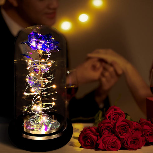 Purple Colorful Artificial Flower Rose Gift,Light Up Rose Flowers Gift, Rose Flower in Glass Dome,Women Gifts Idea for Valentine's Day,Mother's Day,Thanksgiving,Birthday,Anniversary On Any Occasion