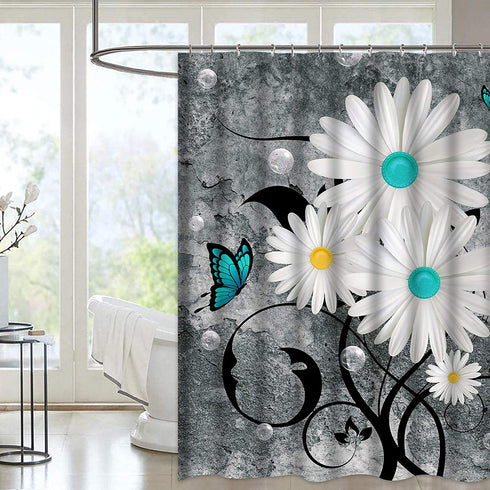 Ikfashoni Floral Butterfly Shower Curtain White Daisy Shower Curtain for Bathroom Farmhouse Rustic Bathroom Curtain with 12 Hooks, Fabric Flower Bathroom Shower Curtains, 69" x 70" Grey