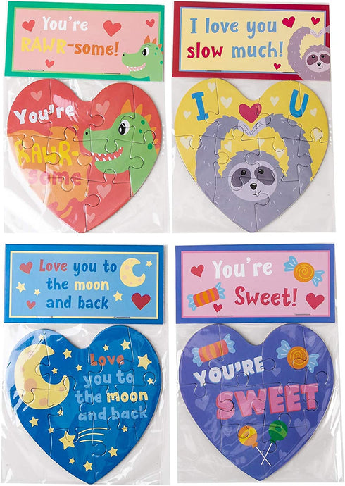 JOYIN 28 Pack Valentine's Day Gift Cards with Heart Jigsaw Puzzle Set for Valentine's Classroom Exchange Prizes Valentine Party Favor Toys