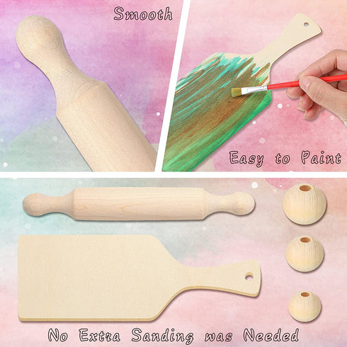 6 Pcs Mini Rolling Pin Wooden Handle Rolling Pin, 6 Pcs Wooden Cutting Board with Handle Serving Paddle Chopping Board Serving Board for Baking, 60 Pcs Wooden Bead Unfinished Wood Bead with Twine