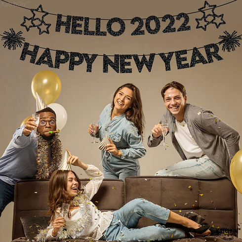 Hello 2022 Happy New Year Banner - NO DIY, Black Glitter | Happy New Year Sign for New Years Eve Party Supplies 2022 | Happy New Year Decorations 2022 | New Years Eve Banner for NYE Decorations 2022